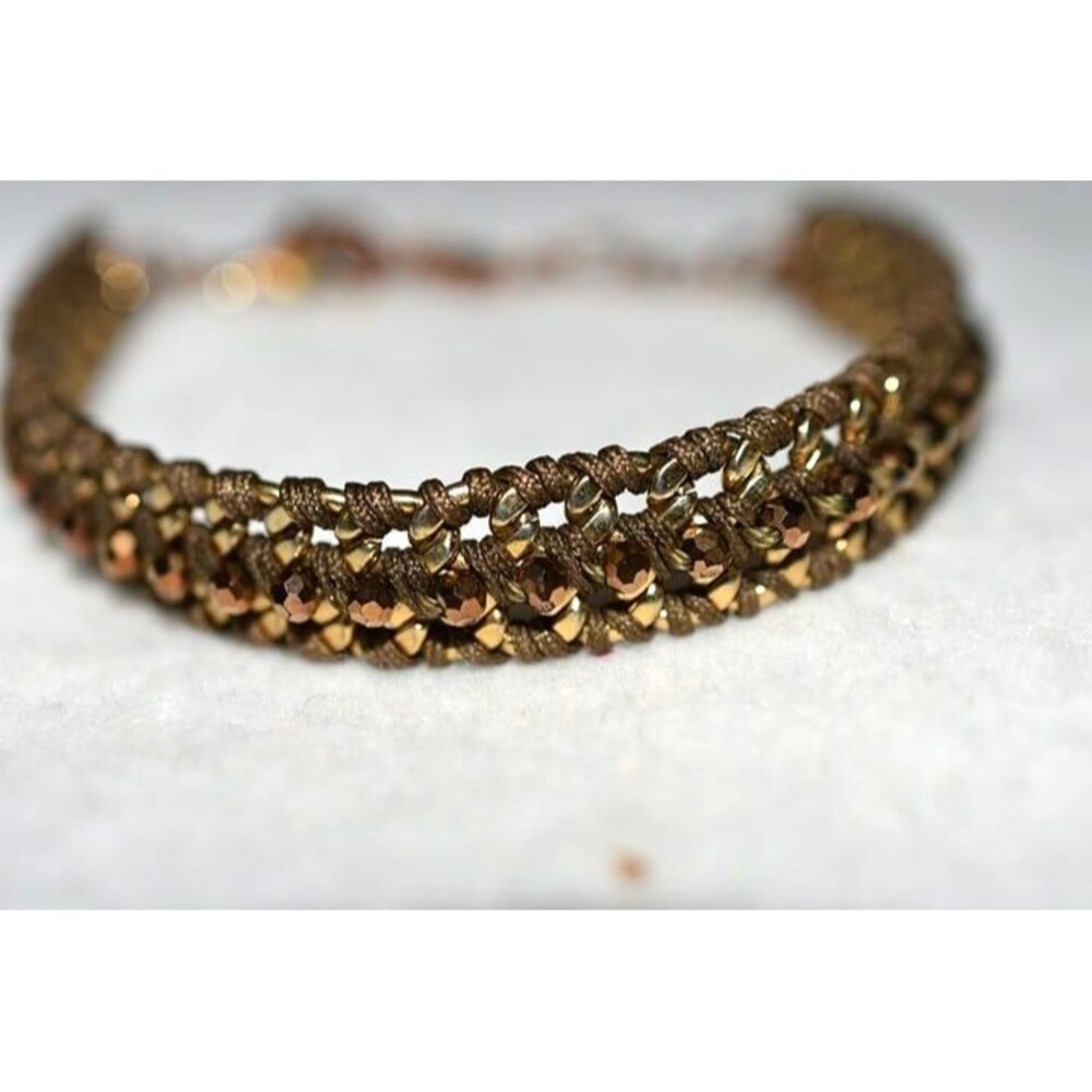 Stella & Dot Gold Tone Brown Rhinestone Metal& Leather Woven Band Bracelet